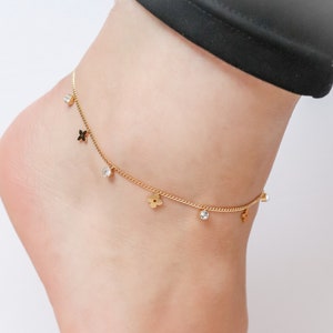Clover Zircon Charm Anklet, 18K Gold Plated Layering Dainty minimalist chains bracelets, Bridesmaid, Mothers Gift, Bracelet for women