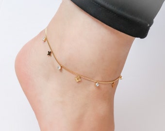 Clover Zircon Charm Anklet, 18K Gold Plated Layering Dainty minimalist chains bracelets, Bridesmaid, Mothers Gift, Bracelet for women