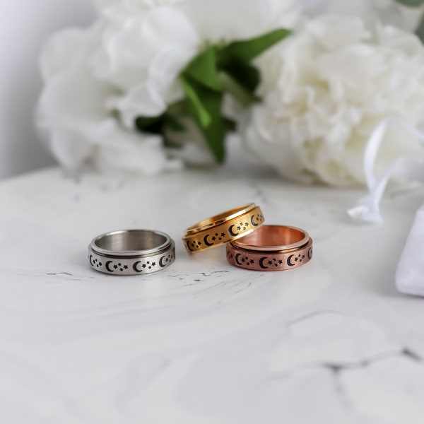 Half Moon & Star Fidget Ring, 18K Gold Rose Gold Silver, Spinner Brand, Mothers Gift for Her Mom Girl Friend