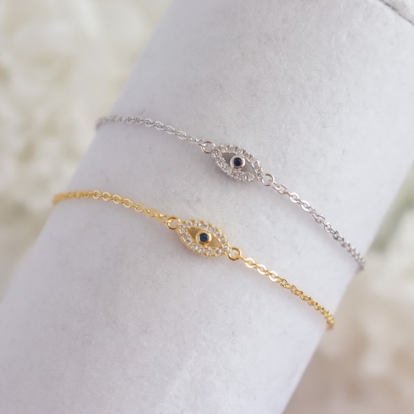 Evil Eye Bracelet, Sterling Silver Bracelet, 18K Plated, Layering Bracelet, Crystal Stone Bracelets, Mothers Gift, Bracelet for women