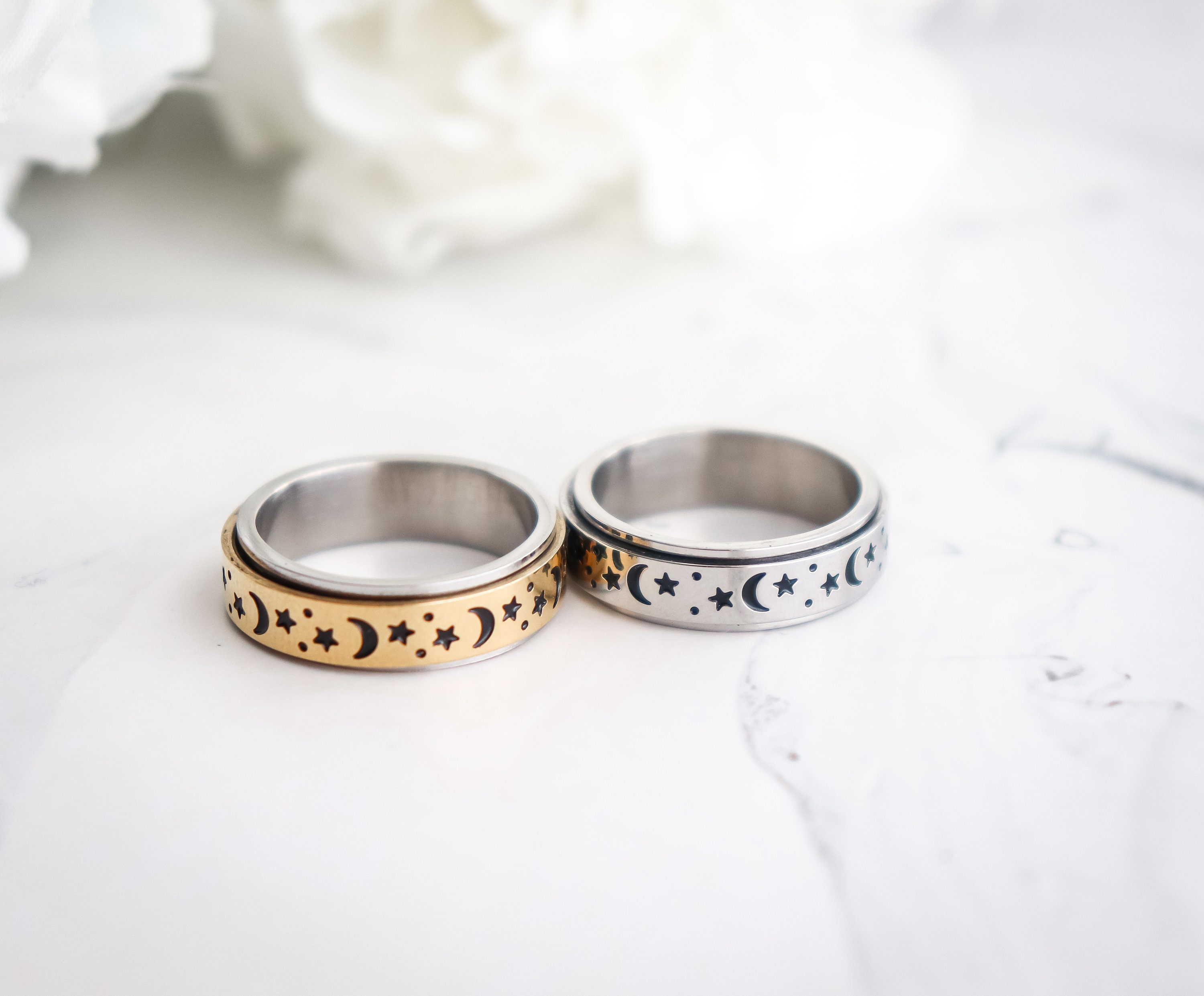 Half Moon, Star Spinner Fidget Ring 18K Gold Bridal Gift Everyday Outfit Minimal Style Bridesmaid  Spring Style, gifts for her