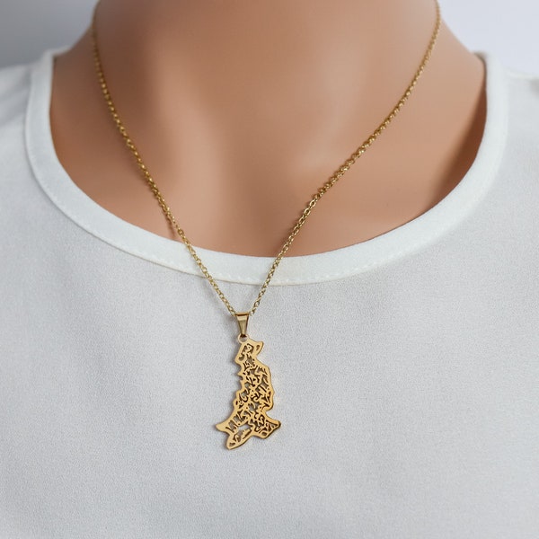 Calligraphy Pakistan Map Necklace, Pride Country Map, 18-Karat Gold Plated, Meaningful Mothers Gift for her, Mom, Girl Friend