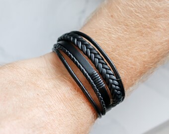 Leather Men Chain Bracelet, Band Men, Black , Layering Dainty minimalist chains bracelets, Mothers Gift, Bracelet for Men Jewelry