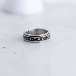 Black Band, Half Moon Star Fidget Ring, Silver, Mothers Gift for her, Mom, Girl Friend