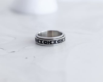 Black Band, Half Moon Star Fidget Ring, Silver, Mothers Gift for her, Mom, Girl Friend