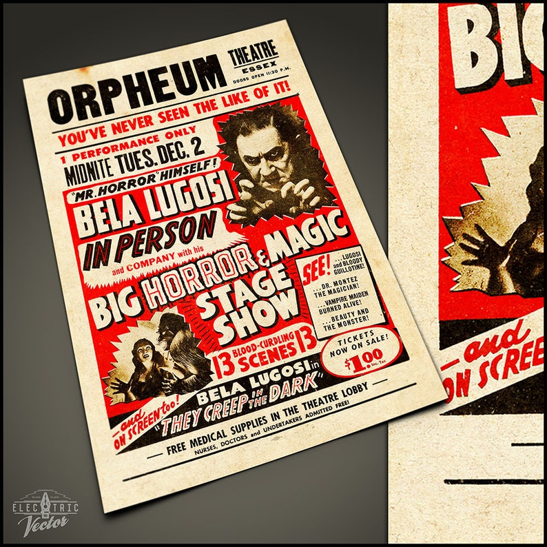 K&ouml;nnte beinhalten: Ein Vintage-Plakat, das eine Live-Performance von Bela Lugosi, "Mr. Horror Himself!" bewirbt. Das Plakat zeigt einen roten Hintergrund mit wei&szlig;em Text und ein Schwarzwei&szlig;bild von Bela Lugosi in einer dramatischen Pose. Das Plakat wirbt f&uuml;r eine "Big Horror & Magic Stage Show" mit 13 blutr&uuml;nstigen Szenen. Das Plakat enth&auml;lt auch den Text "They Creep in the Dark!" und "Tickets Now on Sale! 1,00 &euro;".