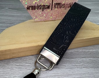 Floral Embossed Black Keychain with Glitter!