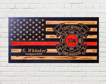 Personalized Carved Wooden Logo American Flag w/ Thin Red Line - Firefighter, First Responder, Paramedic, EMS, EMT, Christmas Gift, Rustic