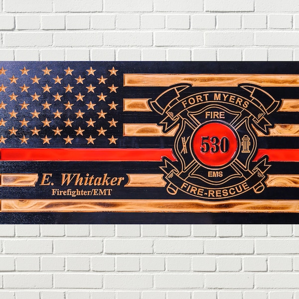 Personalized Carved Wooden Logo American Flag w/ Thin Red Line - Firefighter, First Responder, Paramedic, EMS, EMT, Christmas Gift, Rustic