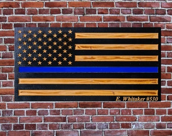 Carved Wooden American Flag – Personalized Thin Blue Line Name Design, Police, Law Enforcement Gift