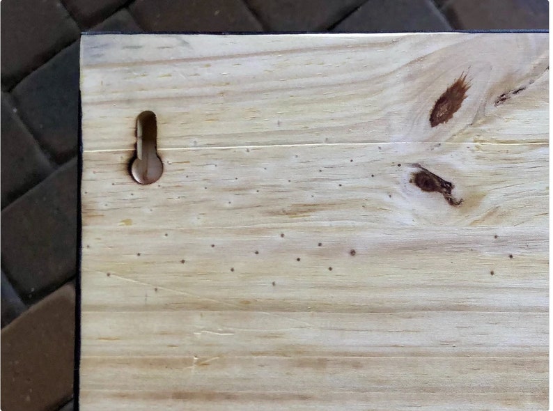 May include: A close-up of a light wood sign with a small metal hook on the back. The wood has a natural grain and a few knots. There are also several small holes in the wood, likely from previous use.