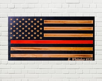 Personalized Carved Wooden Thin Red Line American Flag - Firefighter, Paramedic, EMT, EMS, First Responder, Christmas Gift, Rustic, Wall Art