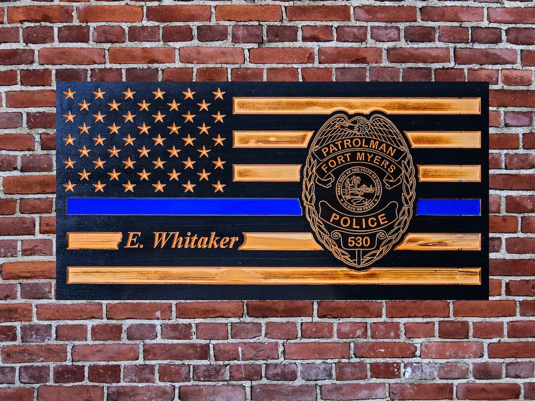 Personalized Carved Wooden American Flag – Thin Blue Line Police, Law Enforcement & First 