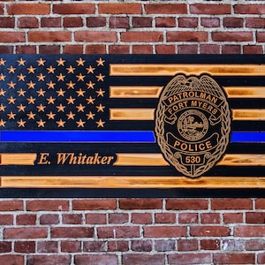 Personalized Carved Wooden Logo American Flag w/ Thin Blue Line - Police, Law Enforcement, First Responder, Christmas Gift, Rustic Art