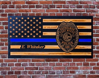 Personalized Carved Wooden Logo American Flag w/ Thin Blue Line - Police, Law Enforcement, First Responder, Christmas Gift, Rustic Art