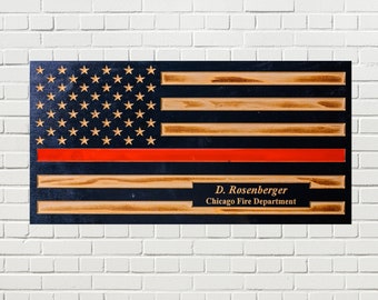 Carved Wooden American Flag – Personalized Thin Red Line Text Design, Firefighter, First Responder Gift