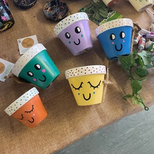 May include: A selection of small, hand-painted terracotta plant pots in shades of green, purple, blue, yellow, and orange. Each pot has a smiling face design and a dotted rim. Some pots are labelled with plant names such as "Basil" and "Parsley".