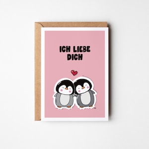 Postkarte Ich liebe dich, romantische Grußkarte mit Pinguinen, A6 Karte für Valentinstag, Jahrestag, Liebe,optional mit Kraftpapier-Umschlag