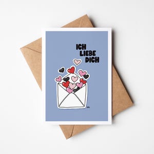 Postkarte Ich liebe Dich – süße Comic-Grußkarte mit Herzmotiv, A6 Karte, Valentinstag, Jahrestag, Liebe, optional mit Kraftpapier Umschlag