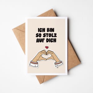 Postkarte Ich bin stolz auf dich – Mutmach-Karte zum Erfolg oder Prüfung, liebevolle A6 Grußkarte mit Spruch, Comic-Stil mit Umschlag