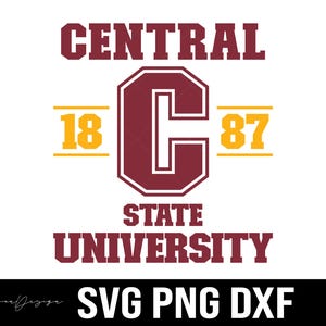 May include: A maroon and gold graphic design with the text "CENTRAL 18 87 STATE UNIVERSITY" in a vintage collegiate style.