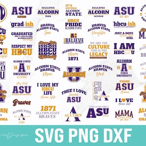 May include: A collection of 25 digital cut files featuring various designs related to Alcorn State University. The designs include text, logos, and graphics in purple, gold, and white. The text includes phrases like "Alcorn State Braves", "HBCU", "ASU", and "Made", among others.