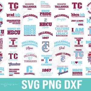 May include: A collection of 25 digital designs featuring the Talladega College logo and various slogans. The designs are in a variety of colors, including maroon, blue, and white. The designs include text such as "Talladega Tornadoes", "HBCU", "Proud Alumni", and "I'm Rooting for Every HBCU".