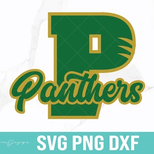 Pode incluir: Um gráfico verde e dourado com a palavra "Panthers" em fonte cursiva, com uma grande letra "P" no fundo. O design inclui o texto "SVG PNG DXF" na parte inferior.