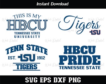 Peut inclure: Un design de téléchargement numérique avec un graphique bleu et gris avec le texte "This is my HBCU Tennessee State University" et "Tenn State Est. TSU 1912 Tigers" et "HBCU Pride Tennessee State" et "Tigers TSU".
