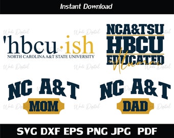 Puede incluir: Un conjunto de cuatro diseños digitales con el texto "'hbcu.ish' North Carolina A&T State University", "NCA&TSU HBCU Educated Alumni", "NC A&T Mom" y "NC A&T Dad". Los diseños son en azul marino y dorado.