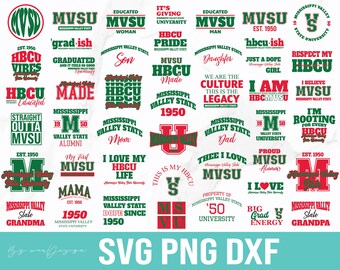 May include: A selection of Mississippi Valley State University (MVSU) themed graphics in green, red, and white. Designs include text such as "HBCU Vibes," "Proud MVSU Alumni," and "Mississippi Valley State." The image also includes "SVG PNG DXF" text.