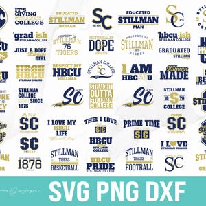 May include: A collection of 25 digital designs featuring the Stillman College logo and various phrases related to the college. The designs are in blue, gold, and white.