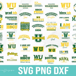 Puede incluir: Una colección de 24 diseños digitales con el logotipo de la Universidad Wilberforce y varios lemas. Los diseños son en amarillo y verde con texto negro. Los diseños incluyen lemas como "HBCU Pride", "Wilberforce Bulldogs", "I Love My HBCU Life" y "Straight Outta Wilberforce University".