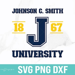 May include: A graphic design featuring the text "JOHNSON C. SMITH UNIVERSITY" in navy blue. The letter "J" is centered, with the numbers "18" and "67" in yellow on either side. The design is on a white background.