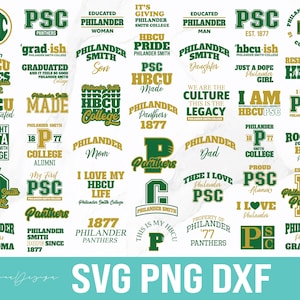 May include: A collection of green and gold collegiate-themed designs, featuring text such as "PSC", "Philander Smith", and "HBCU". The designs include logos, phrases, and the text "SVG PNG DXF".