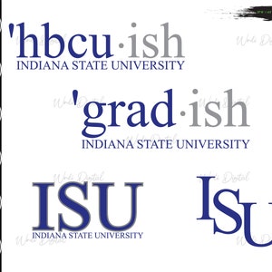 May include: Four different variations of a logo for Indiana State University. The logo features the letters ISU in blue and gray. The text 'Indiana State University' is also included in gray.