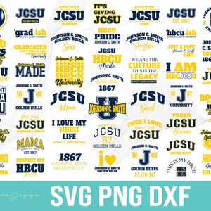 Può includere: Una collezione di design digitali blu navy e oro con testo relativo alla Johnson C. Smith University e HBCU. I design includono frasi come "HBCU Vibes", "Golden Bulls" e "I Love My HBCU Life".