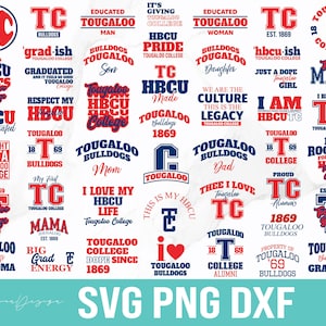 Op de afbeelding: Een verzameling rode, witte en blauwe Tougaloo College Bulldogs-afbeeldingen. De ontwerpen bevatten tekst zoals "HBCU", "Bulldogs" en "Mama", samen met de initialen van de universiteit, "TC".