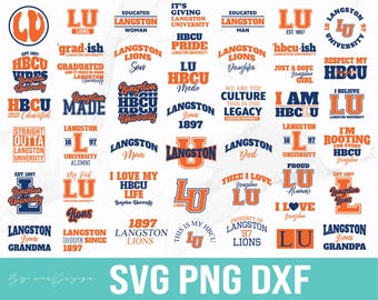 以下が含まれることがあります： Langston Universityのロゴとさまざまなスローガンをフィーチャーした24のデジタルデザインのコレクション。デザインは青、オレンジ、白で、