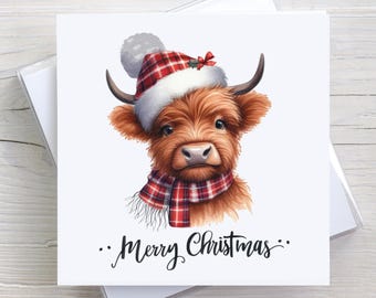 Festive Highland Cow Christmas Card, Tartan Hat Scarf, Scottish Coo Xmas Greeting
