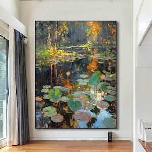 Secluded Lotus Pond,Natural Poetic Charm of Green and Pink,Original Handmade Wall Art,Landscape Painting