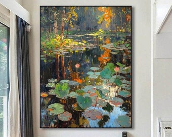 Secluded Lotus Pond,Natural Poetic Charm of Green and Pink,Original Handmade Wall Art,Landscape Painting