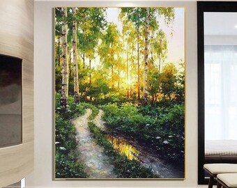 Morning Light in the Forest,A Natural Ode to Gold and Green,Green, Brown,Landscape Painting,Handmade Wall Art,Oil Painting,Acrylic Painting