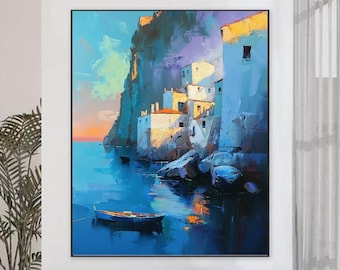 Pintura de gran tamaño con paisaje mediterráneo, pintura sobre lienzo grande, arte de pared hecho a mano, pintura al óleo, pintura acrílica