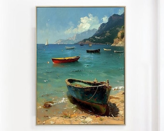 Sea Boat Landscape Painting,Oversize Painting,Large Canvas Painting,Handmade Wall Art,Oil Painting,Acrylic Painting
