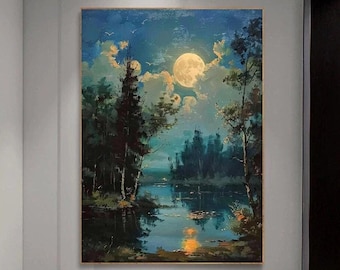 Moonlit See und Fores, Landschaftsmalerei einer Mond-, Wald- und Seenachtszene, in den Farben Blau, Schwarz und Cremegelb, handgemachte Wandkunst