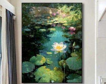 Pintura de loto, pintura de flores, pintura de gran tamaño, pintura grande, arte de pared hecho a mano, pintura acrílica, pintura al óleo, 002