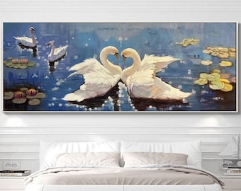 Pintura de cisne blanco, arte de cisne blanco, pintura de gran tamaño, pintura original sobre lienzo grande, arte de pared hecho a mano, pintura al óleo, pintura acrílica, S1