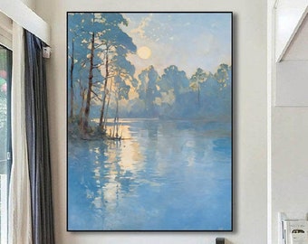 Morgendliche Landschaftsmalerei von einem See und Wald, in hell grau-blau und creme-weiß, Handgemachte Wandkunst, Ölmalerei, Acrylmalerei