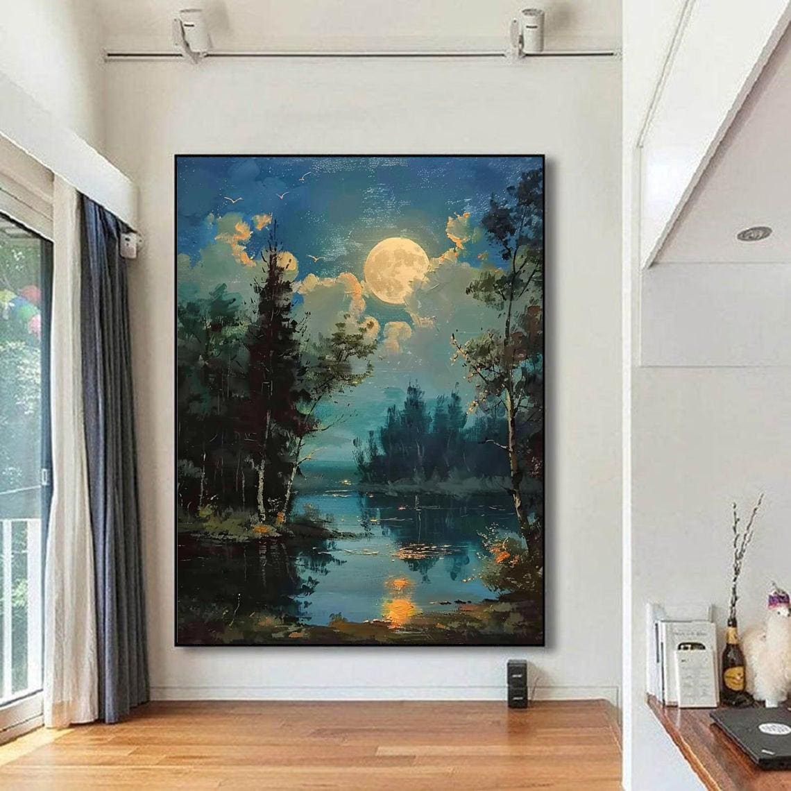 Moonlit Lake and Fores,landscape Painting of a Moon, Forest, and Lake ...